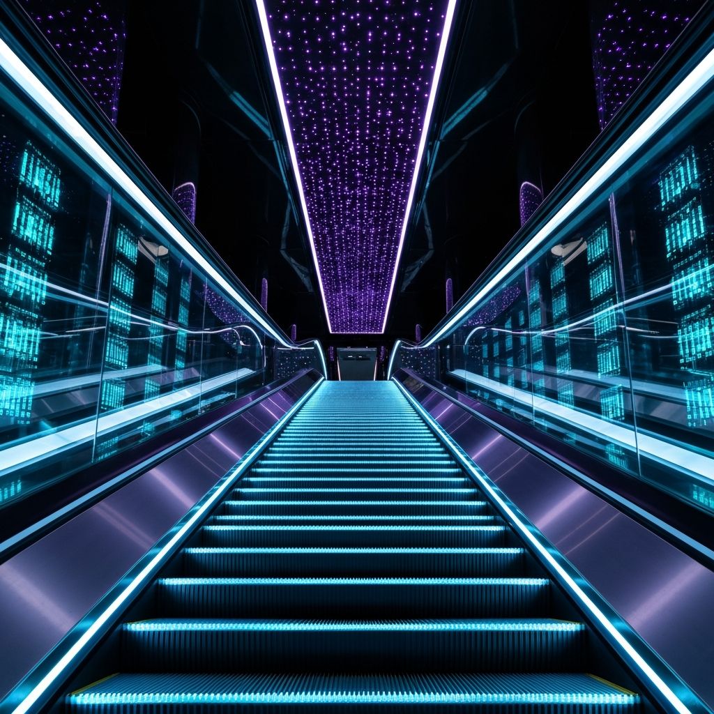 Futuristic escalator viewed from below with neon blue LED steps